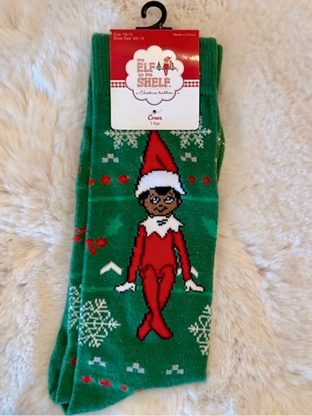African American The Elf On The Shelf Green Christmas Holiday Crew Socks
